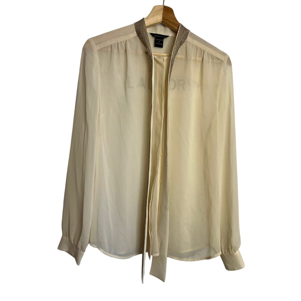 MODA INTERNATIONAL GORGEOUS SEQUINS TIE NECK WORK PARTY IVORY CHIFFON TOP SMALL
